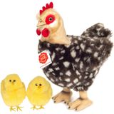 Pluche kip knuffel - 24 cm - multi kleuren - met 2x gele kuikens van 7 cm - kippen familie - Pasen decoratie/versiering