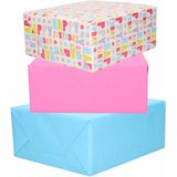 6x Rollen kraft inpakpapier roze/lichtblauw/happy birthday 200 x 70 cm - cadeaupapier / kadopapier / boeken kaften
