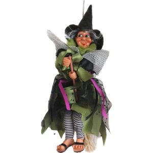 Halloween horror decoratie heksen pop op bezem - 25 cm - zwart/groen - Versiering/feestartikelen
