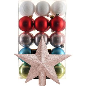 Kerstballen 30 st - gekleurd - 6 cm - met ster piek lichtroze - kunststof