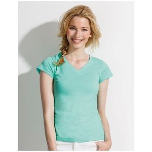 Dames t-shirt  V-hals mint groen 100% katoen slimfit - Dameskleding shirts