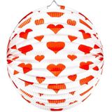 5x stuks Bol lampionnen rond met rode hartjes 25 cm - Valentijn - Bruiloft decoratie lampionnen