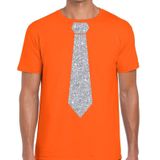 Oranje fun t-shirt met stropdas in glitter zilver heren