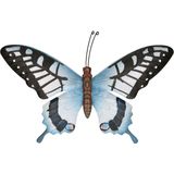Tuin/schutting decoratie grijsblauw/zwarte vlinder 35 cm - Tuin/schutting/schuur versiering/docoratie - Metalen vlinders