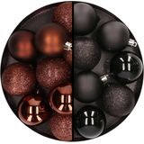 24x stuks kunststof kerstballen mix van donkerbruin en zwart 6 cm - Kerstversiering