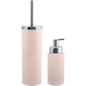MSV Toiletborstel in houder 38 cm/zeeppompje 275 ml set Enzo - metaal/keramiek - lichtroze/zilver