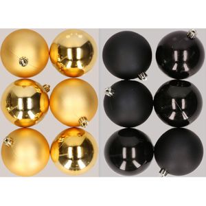 12x stuks kunststof kerstballen mix van goud en zwart 8 cm - Kerstversiering