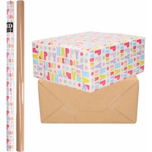 4x Rollen kraft inpakpapier happy birthday pakket - bruin 200 x 70 cm - cadeau/verzendpapier