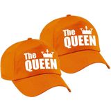 2x stuks the Queen pet / cap oranje met witte letters en kroon voor dames - Koningsdag - verkleedpet / feestpet
