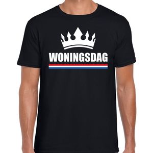 Koningsdag t-shirt Woningsdag met witte kroon voor heren - zwart - Woningsdag - thuisblijvers / Kingsday thuis vieren