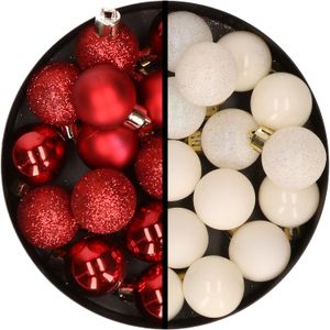 Kerstballen 34x st - 3 cm - rood en wol wit - kunststof