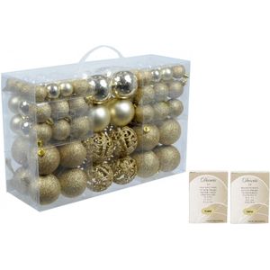Pakket met 100x gouden kerstballen kunststof inclusief kerstbalhaakjes - Kerstboomversiering gouden kerstballen kerstversiering