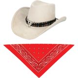 Carnaval verkleedset luxe model cowboyhoed Rodeo - creme wit - en rode hals zakdoek - voor volwassenen