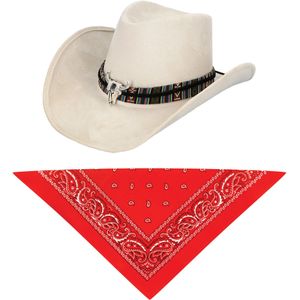 Carnaval verkleedset luxe model cowboyhoed Rodeo - creme wit - en rode hals zakdoek - voor volwassenen