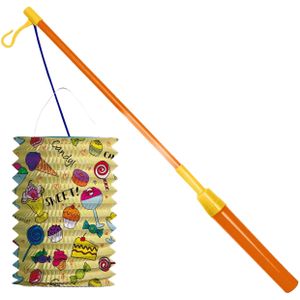 Trek lampion snoep - geel - H16 cm - papier - met lampionstokje - 43 cm