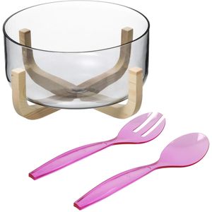 Secret de Gourmet Saladekom/serveerschaal - glas - plastic slacouvert roze - Dia 24 cm