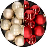 24x stuks kunststof kerstballen mix van champagne en rood 6 cm - Kerstversiering