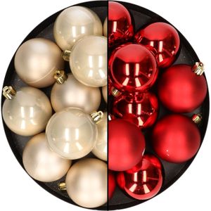 24x stuks kunststof kerstballen mix van champagne en rood 6 cm - Kerstversiering