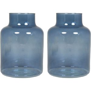 Floran Bloemenvaas Milan - 2x - transparant blauw glas - D15 x H20 cm - melkbus vaas met smalle hals