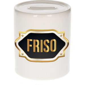 Friso naam cadeau spaarpot met gouden embleem - kado verjaardag/ vaderdag/ pensioen/ geslaagd/ bedankt