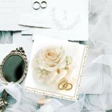 Maki bruiloft servetten - 40x st - 33 x 33 cm - witte roos en ringen - feestservetten