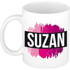 Suzan  naam cadeau mok / beker met roze verfstrepen - Cadeau collega/ moederdag/ verjaardag of als persoonlijke mok werknemers