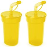 Set van 12x stuks afsluitbare plastic drinkbeker geel 400 ml met rietje voor kinderen/peuters