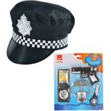 Carnaval verkleed politie agent set - pet/cap zwart - pistool/badge/handboeien set