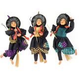 Creation decoratie heksen pop - vliegend op bezem - 30 cm - zwart/paars - Halloween versiering
