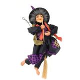 Creation decoratie heksen pop - vliegend op bezem - 30 cm - zwart/paars - Halloween versiering