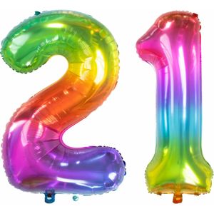 Folat Folie ballonnen - 21 jaar cijfer - glimmend multi-kleuren - 86 cm - leeftijd feestartikelen