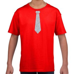 Rood fun t-shirt met stropdas in glitter zilver kinderen - feest shirt voor kids