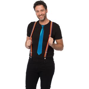 Carnaval verkleedset bretels en stropdas - regenboog - blauw - volwassenen/unisex - feestkleding
