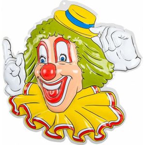 Carnaval/party decoratie bord  - Clown hoofd gele hoed - wand/muur versiering - 50 x 50 cm - plastic