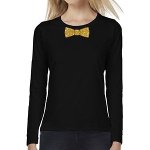 Zwart long sleeve t-shirt met vlinderdas in glitter goud dames - zwart shirt met lange mouwen en gouden strik das voor dames