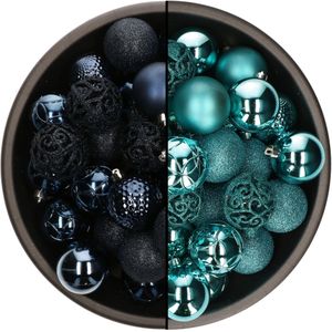 Bellatio Decorations Kerstballen mix - 74-delig - turquoise blauw en donkerblauw - 6 cm - kunststof