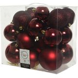 Kerstversiering kunststof kerstballen donkerrood 6-8-10 cm pakket van 27x stuks - Met glans glazen piek van 26 cm