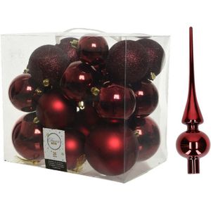 Kerstversiering kunststof kerstballen donkerrood 6-8-10 cm pakket van 27x stuks - Met glans glazen piek van 26 cm