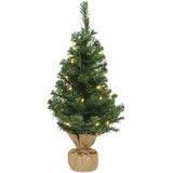 2x Volle kleine/mini kerstbomen groen in jute zak met verlichting 75 cm - Kunst kerstbomen / kunstbomen