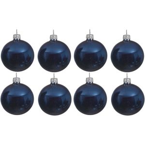 8x Donkerblauwe glazen kerstballen 10 cm - Glans/glanzende - Kerstboomversiering donkerblauw
