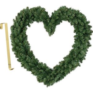 Kerstkrans - hart vorm - groen - 50 cm- kunststof - incl. deurhanger