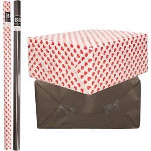 6x Rollen kraft inpakpapier liefde/rode hartjes pakket - zwart 200 x 70 cm - cadeau/verzendpapier