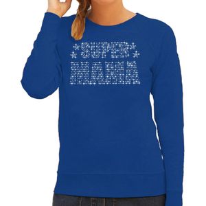 Glitter Super Mama sweater blauw met steentjes/ rhinestones voor dames - Moederdag cadeaus - Glitter kleding/ foute party outfit