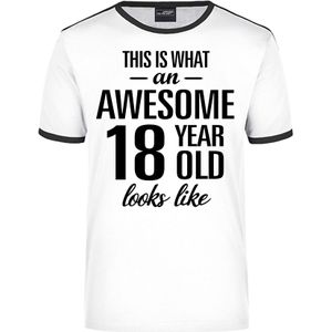 Awesome 18 year - geweldige 18 jaar wit/zwart ringer cadeau t-shirt heren -  Verjaardag cadeau