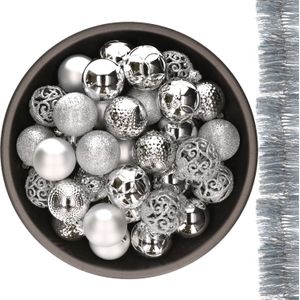 Decoris Kerstballen - 37 ST - 6 cm - en 2 ST kerstslingers - zilver - kunststof