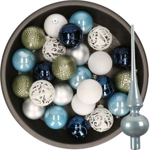 Decoris Kerstballen - 37x ST - kunststof = 6 cm - blauw-wit-zilver-groen - met glazen piek