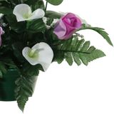 Louis Maes Kunstbloemen plantje in pot - 2x - wit/paars - 26 cm - Bloemstuk ornament - rozen met bladgroen