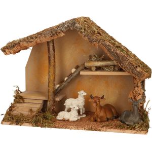 Complete kerststal met dieren beeldjes - 39 x 19 x 28 cm - hout/mos/polyresin