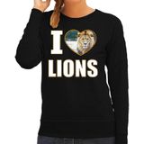 I love lions trui met dieren foto van een leeuw zwart voor dames - cadeau sweater leeuwen liefhebber