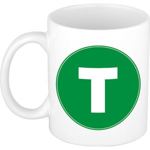 Mok / beker met de letter T groene bedrukking voor het maken van een naam / woord - koffiebeker / koffiemok - namen beker